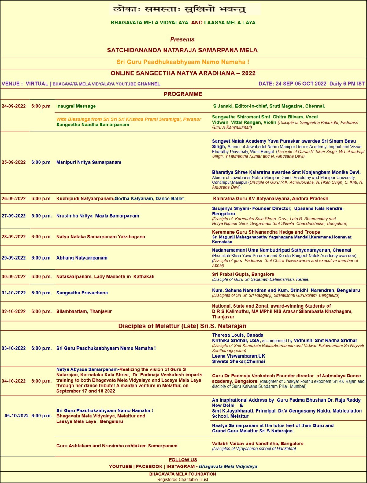 Bhagavata Mela Vidyalaya and Laasya Mela Laya presents Satchidananda Nataraja Samarpana Mela